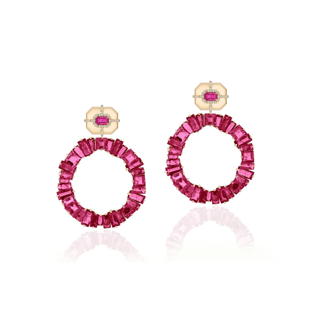 18K Gold G-One Circle Ruby & Diamond Drop Earrings