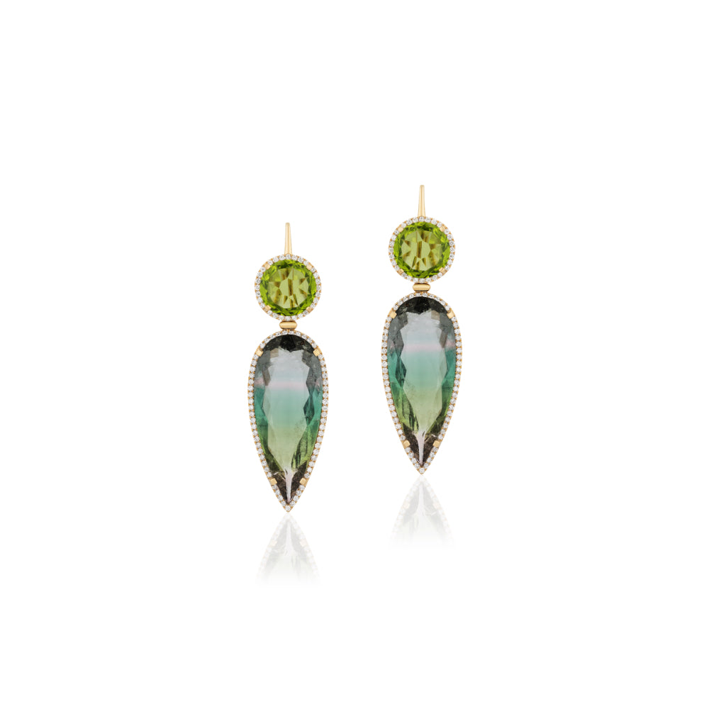 18K Gold G-One Elongated Pear Shaped Watermelon Tourmaline Earrings with Peridot & Diamonds
