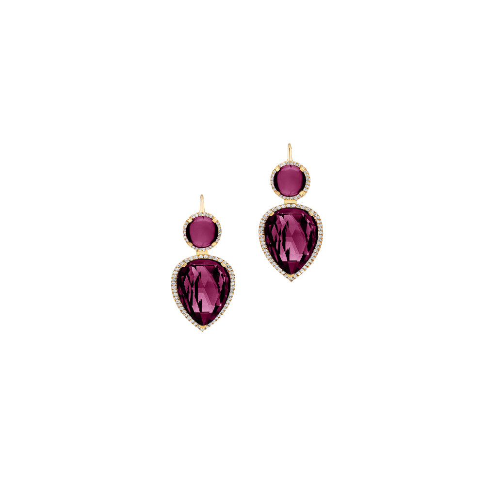 18K Gold G-One Pear Shaped Rubellite and Diamond Halo Drop Earrings