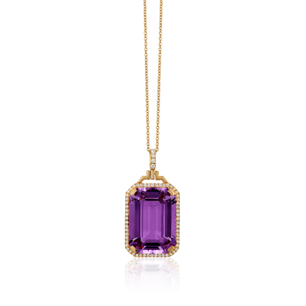 18K Gold Gossip Emerald Cut Gemstone & Diamond Halo Pendant Necklace