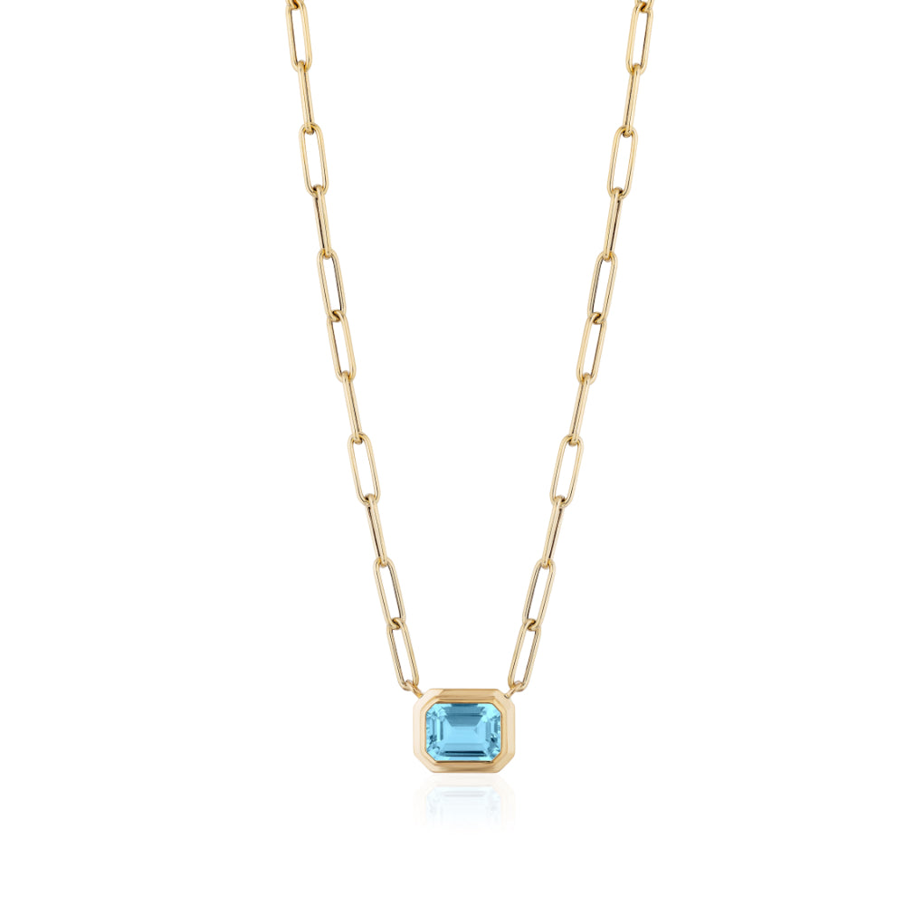 18K Gold Manhattan Bezel Set Blue Topaz Necklace