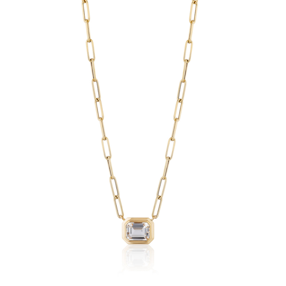 18K Gold Manhattan Bezel Set Rock Crystal Necklace 