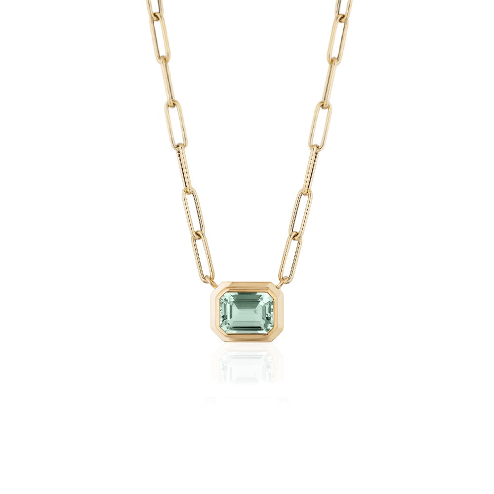 18K Gold East West Emerald Cut Prasiolite Pendant Necklace