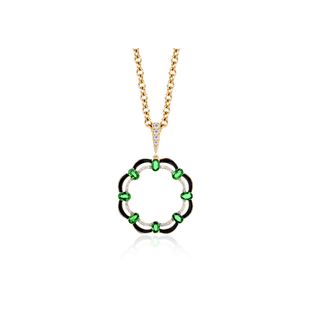 18K Gold Limited Edition Black Enamel Open Floral Pendant with Tsavorite & Diamond Necklace