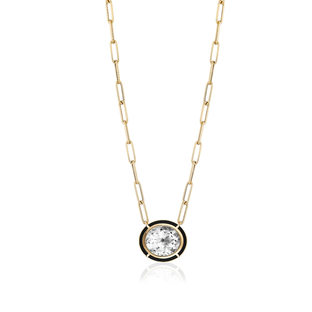 18K Gold Melange Rock Crystal & Onyx Oval pendant Necklace
