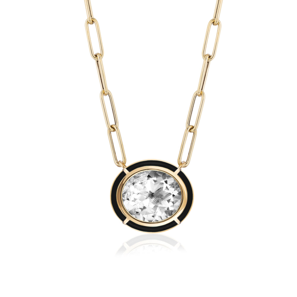 18K Gold Melange Rock Crystal & Onyx Oval pendant Necklace