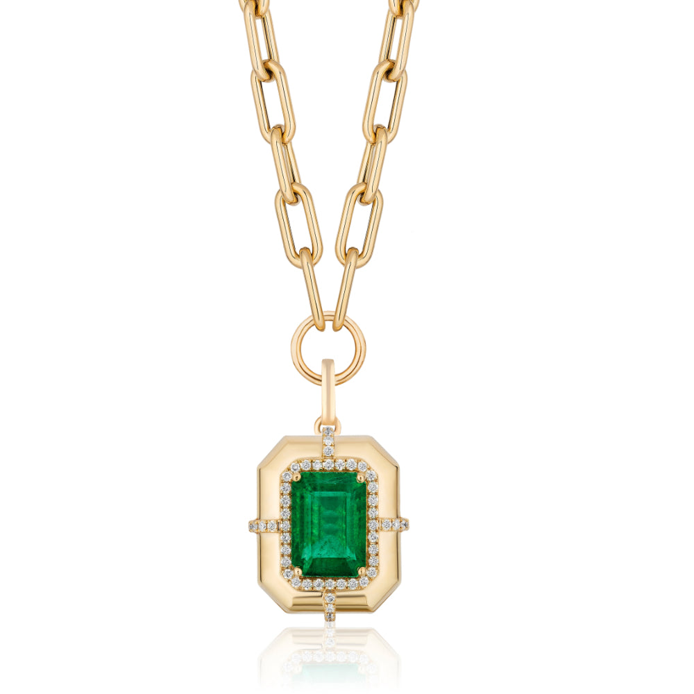 18K Gold G-One Emerald Diamond Pendant Necklace