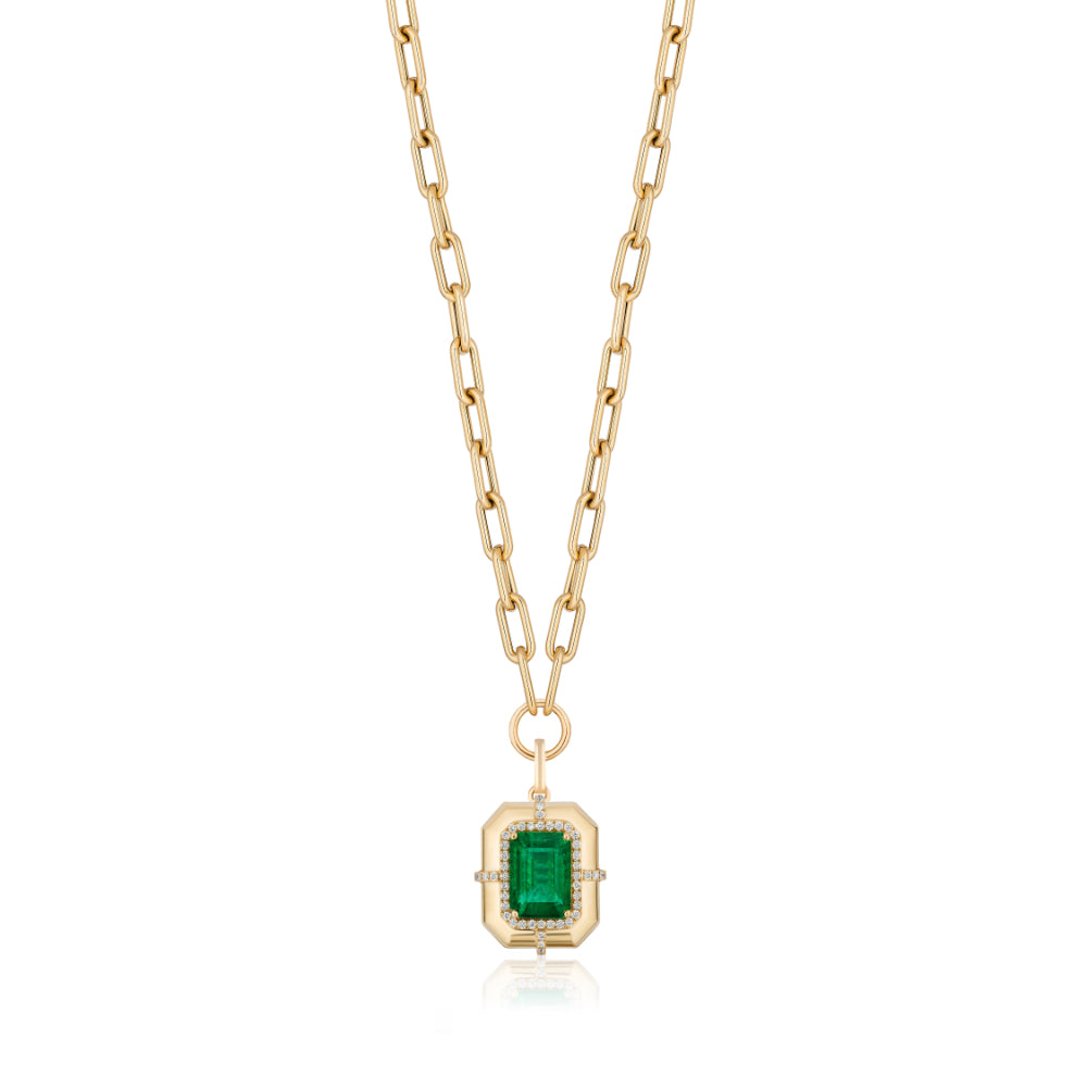 18K Gold G-One Emerald Diamond Pendant Necklace