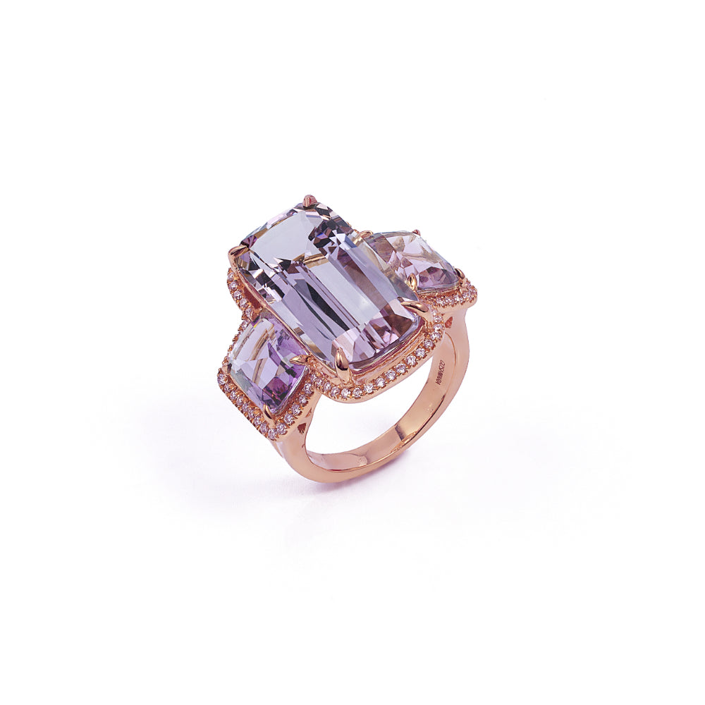 18K Gold Gossip Three Stone Lavender Amethyst & Diamond Ring