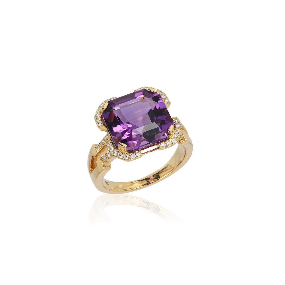 18K Gold Gossip Amethyst & Diamond Crown Square Ring
