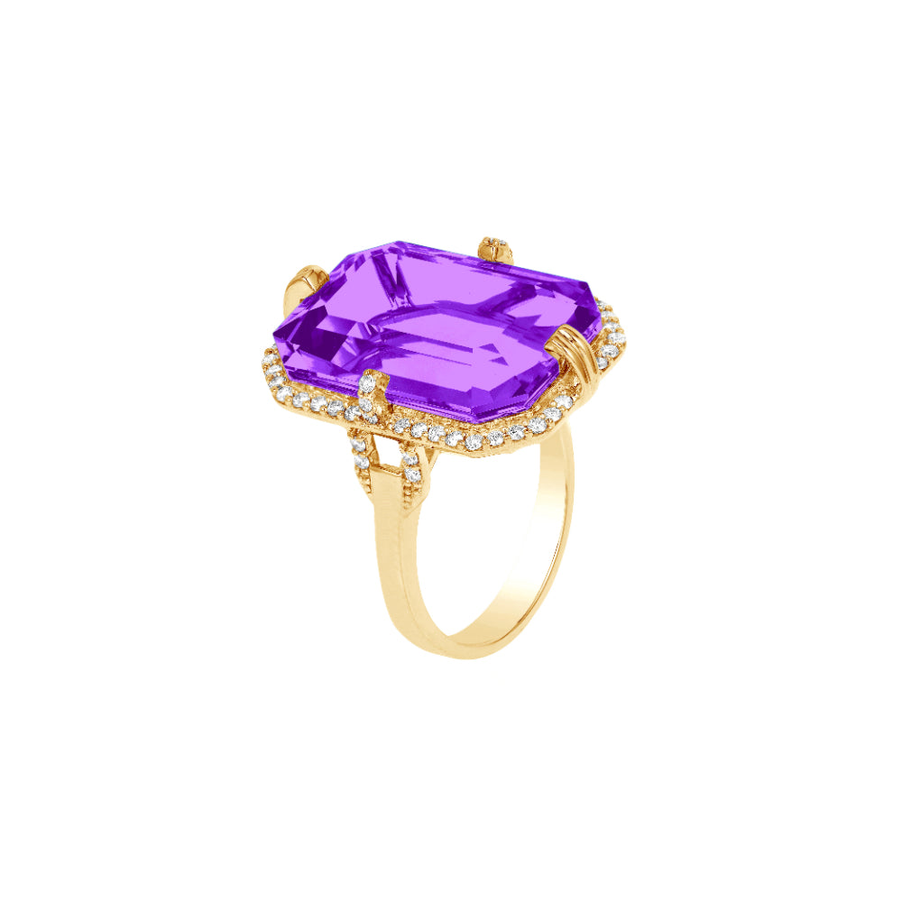 18K Gold Gossip Amethyst Emerald Cut Ring with Diamonds