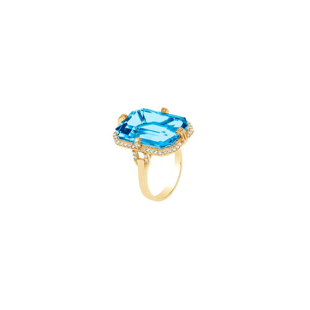 Goshwara 18K Gold Gossip Blue Topaz Emerald Cut Ring with Diamonds