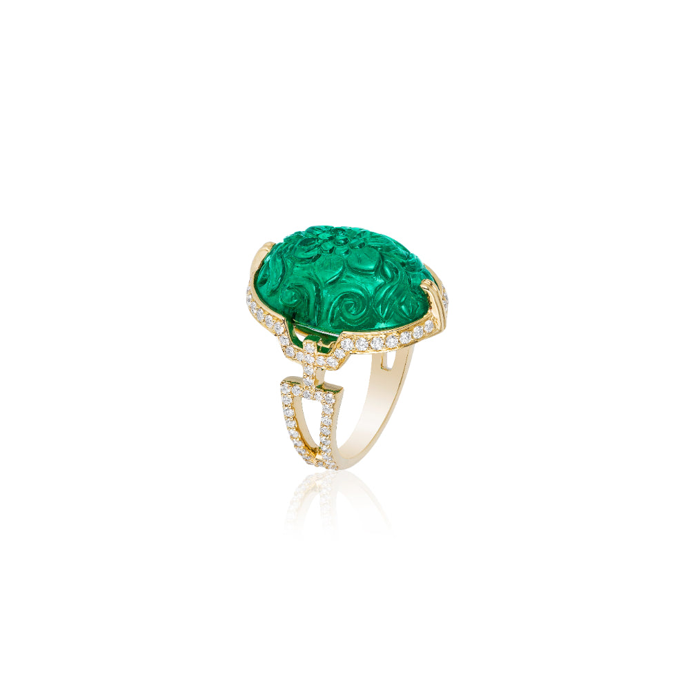 18K Gold G-One Carved Oval Emerald & Diamond Ring