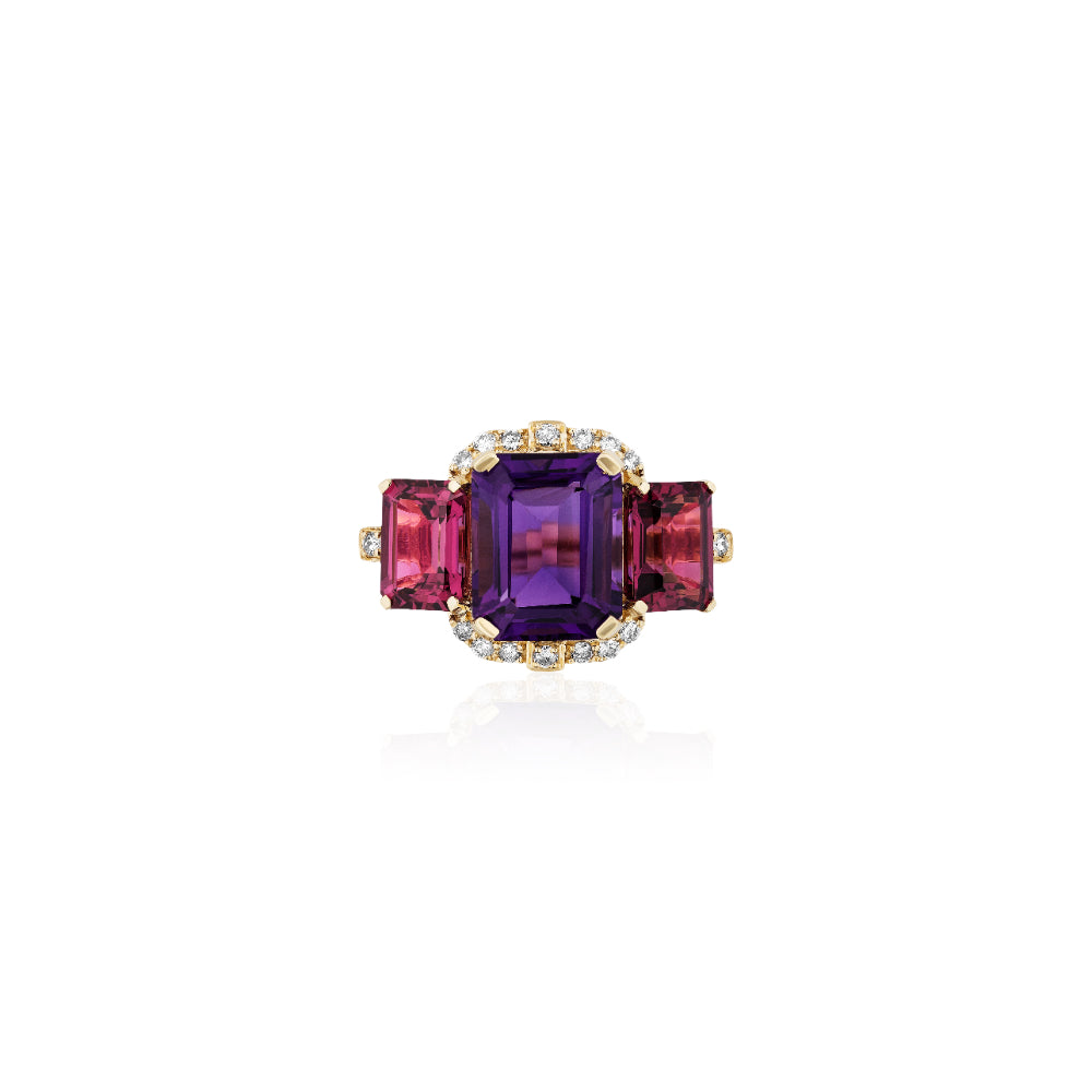 18K Gold Amethyst, Garnet & Diamond Three-Stone Cocktail Ring