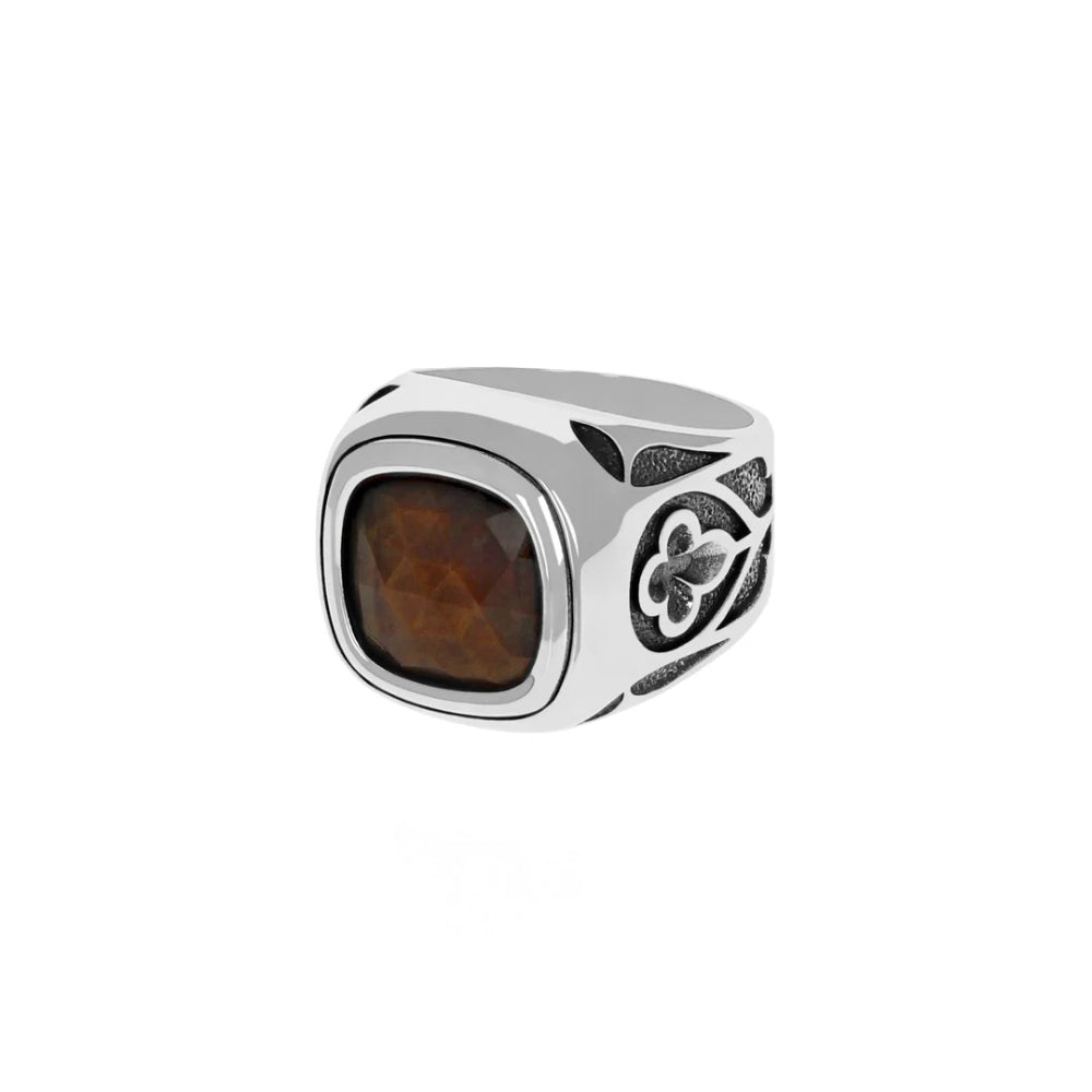 Sterling Silver Brown Tiger's Eye with Relic Cross Detail Ring