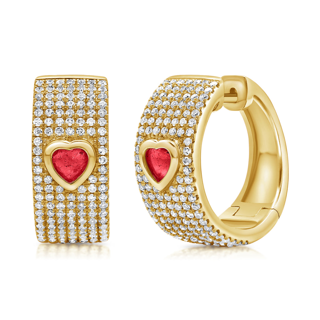 14K Gold Heart Diamond and Ruby Hoop Earrings