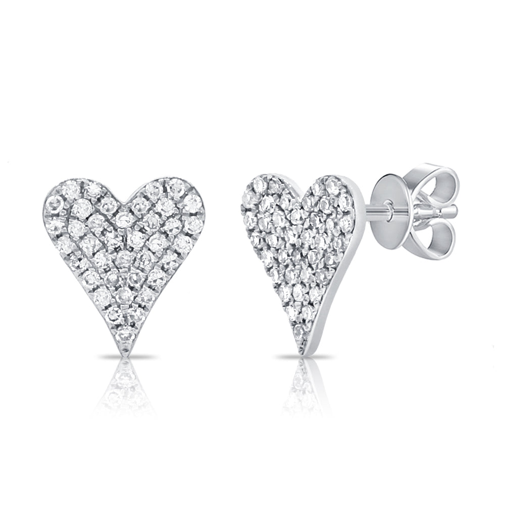 14K White Gold Pave Diamond Heart Stud Earrings