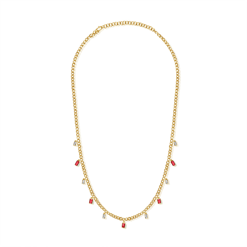 14K Gold Diamond and Ruby Station Baguette Necklace