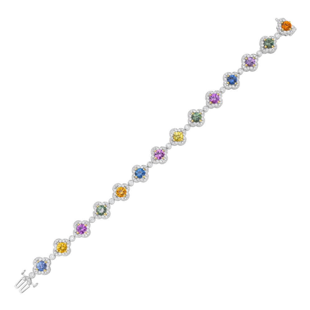 18K Gold Multi Color Stone Clover Link Bracelet