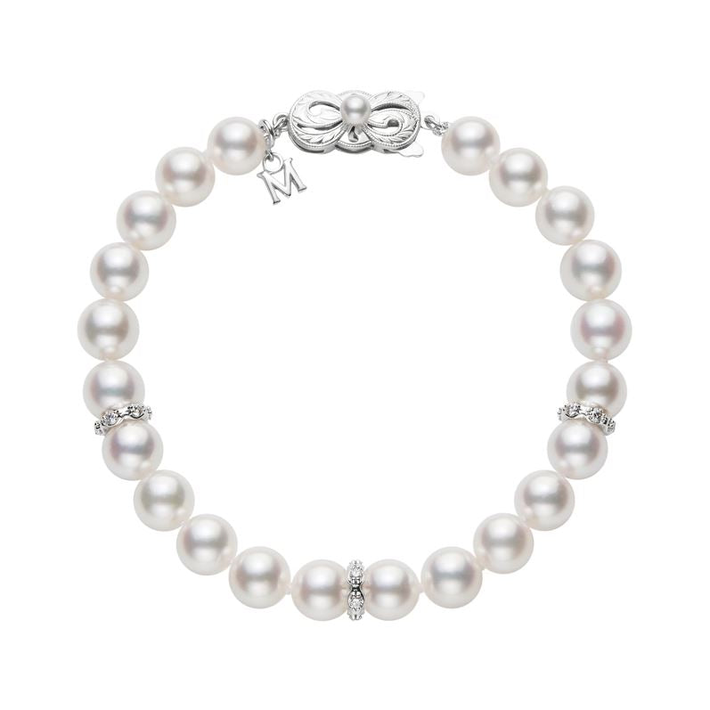 18K Gold Classic Akoya Cultured Pearl and Diamond Rondel Bracelet