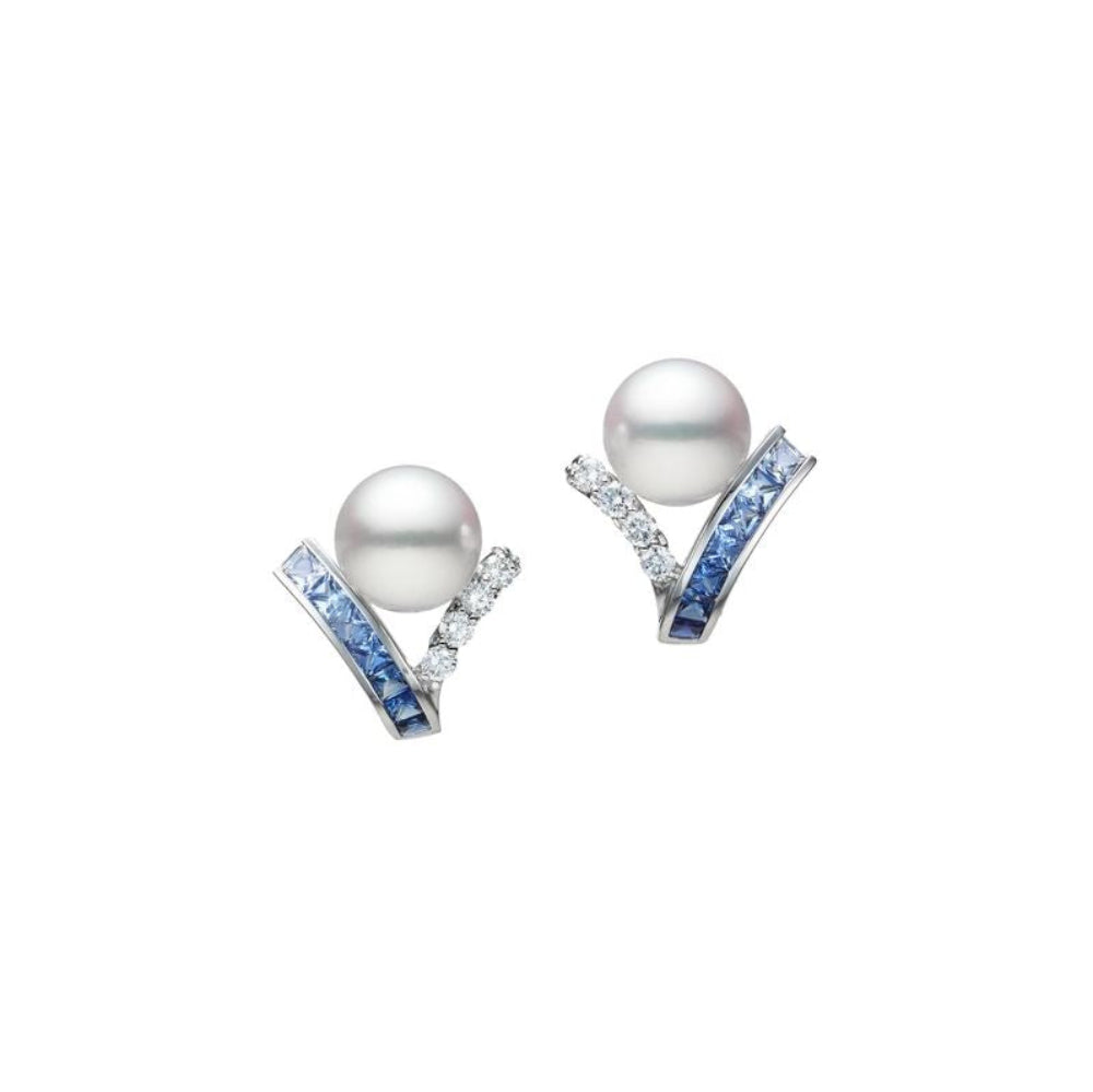 18K Gold Ocean Akoya Cultured Pearl and Sapphire Earrings
