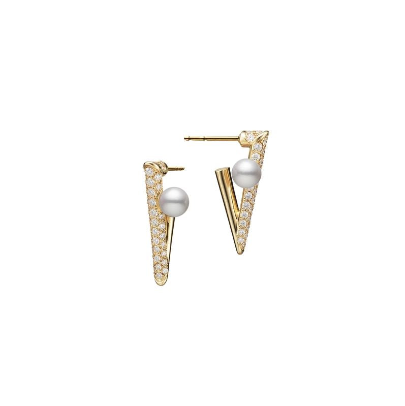 18K Gold Akoya Cultured Pearl and Diamond V Code Earrings