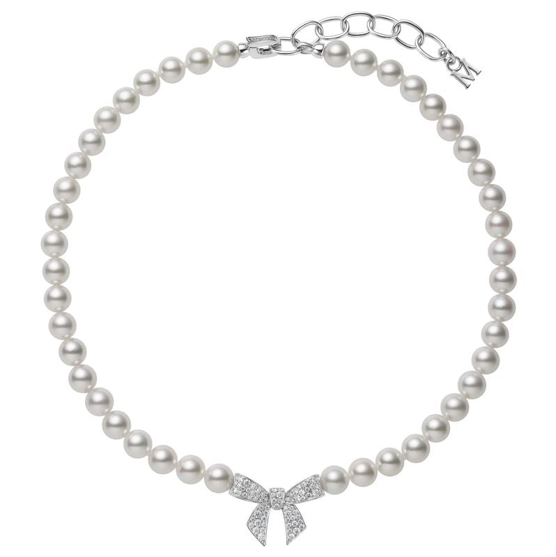 18K Gold Bow Charm Akoya Cultured Pearl and Diamond Necklace