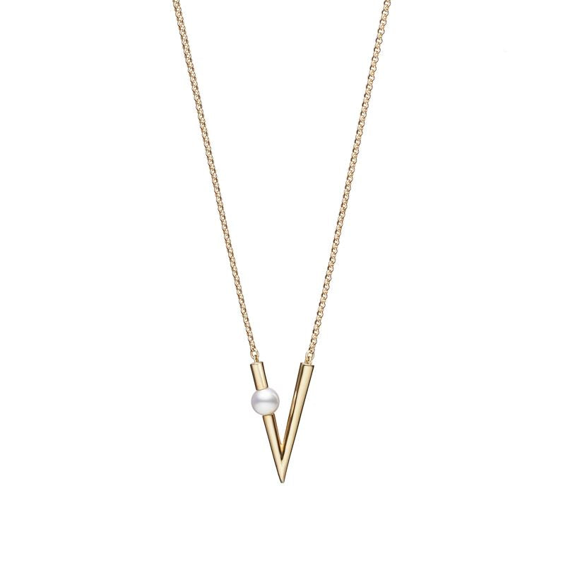 18K Gold V Code Akoya Cultured Pearl Pendant Necklace