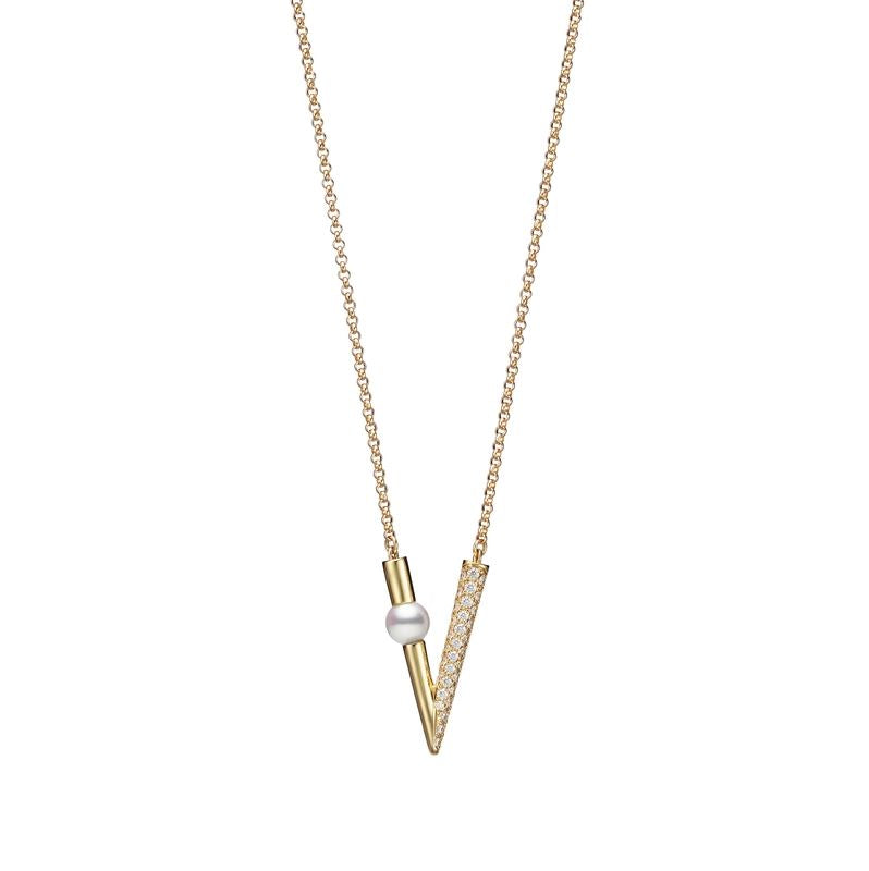 18K Gold Akoya Cultured Pearl and Diamond V Code Pendant