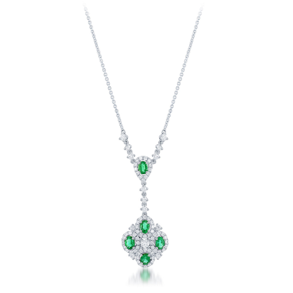 18K Gold Emerald and Diamond Clover Leaf Drop Necklace