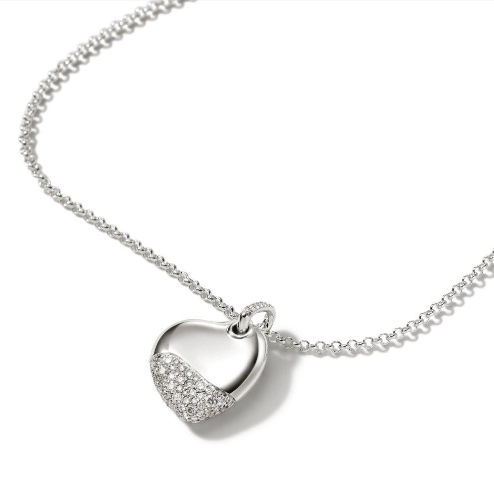 Sterling Silver Pebble Large Heart Pave Diamond Necklace