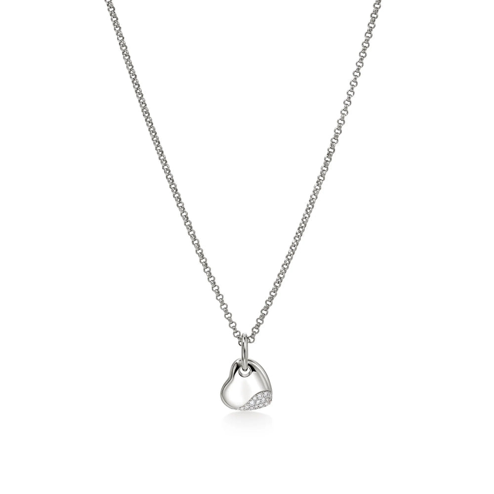 Sterling Silver Pebble Small Heart Pave Diamond Necklace