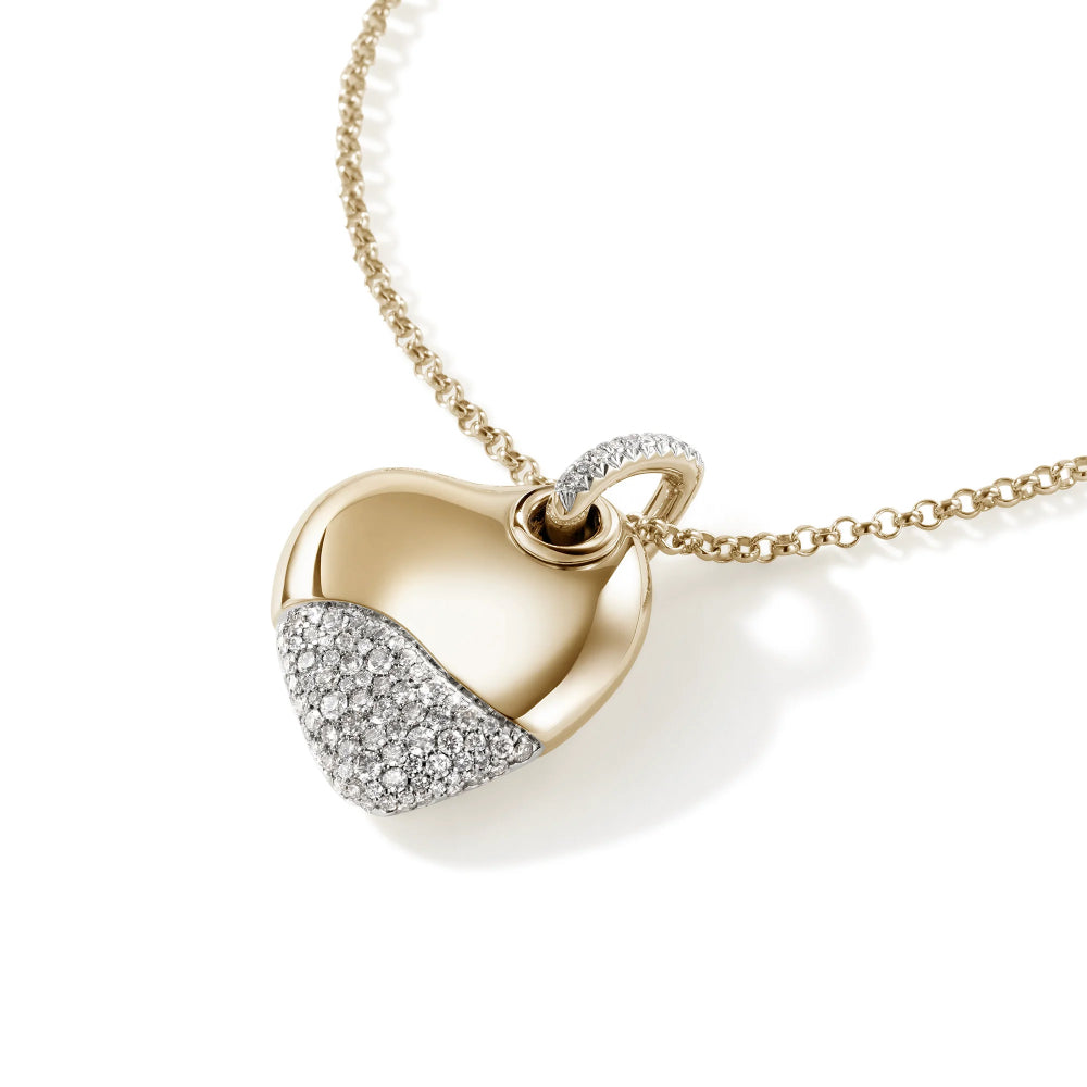 14K Gold Pebble Large Heart Pave Diamond Necklace