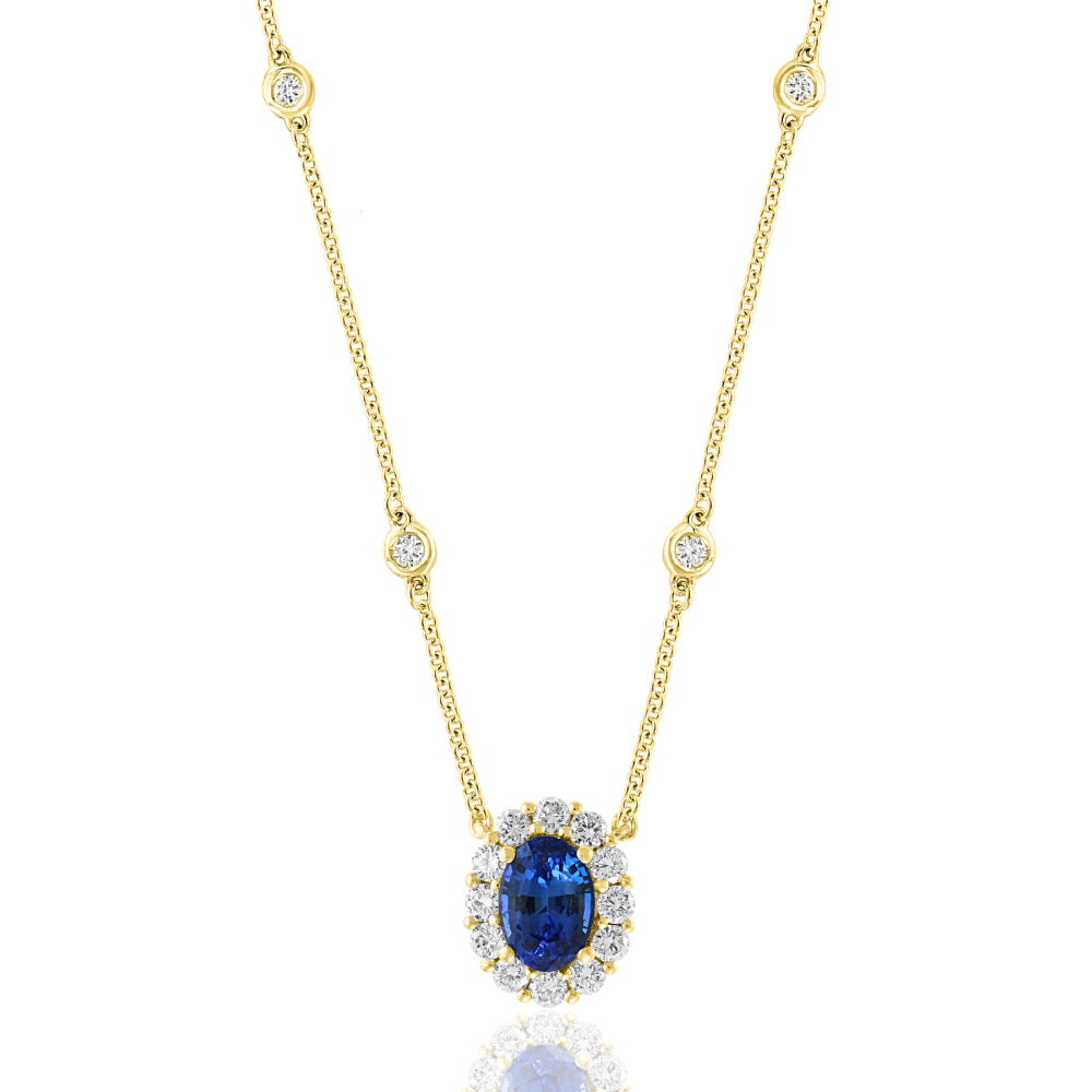18K Gold Sapphire and Diamond Halo Pendant Necklace
