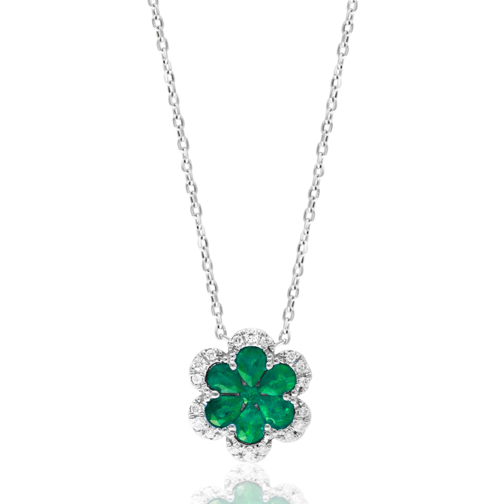 18K Gold Emerald and Diamond Flower Necklace