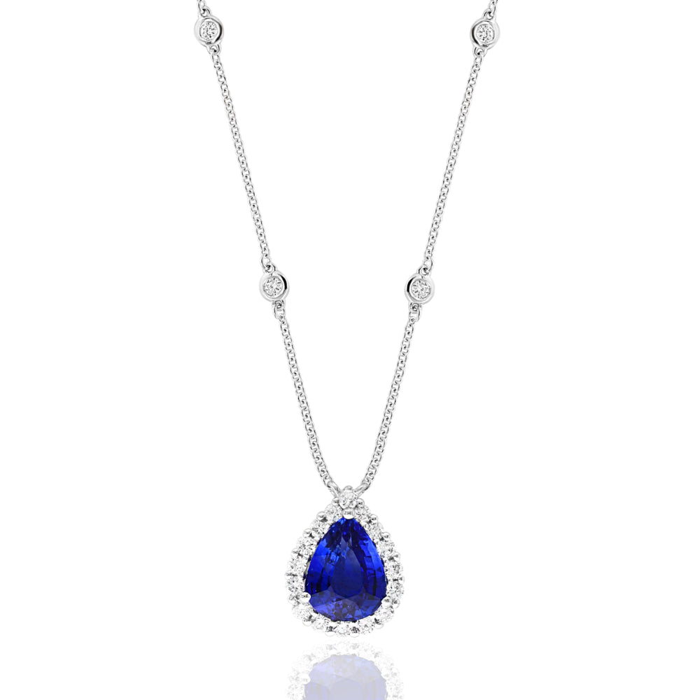 18K Gold Sapphire Pearl Shaped With Diamond Halo Pendant Necklace