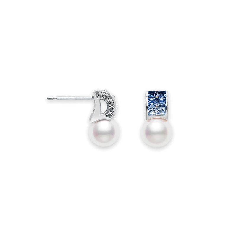 18K Gold Ocean Akoya Pearl & Sapphire Earrings