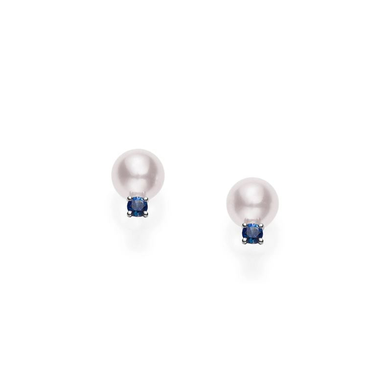 18K Gold Classic Akoya Cultured Pearl Stud Earrings with Sapphire