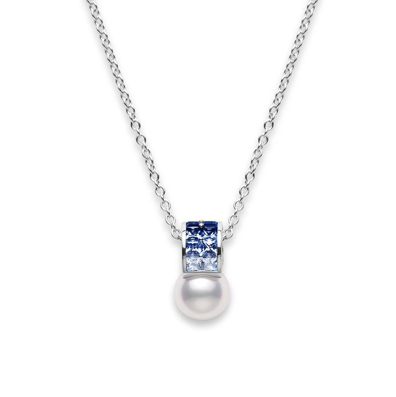 18K Gold Ocean Akoya Cultured Pearl and Sapphire Pendant Necklace