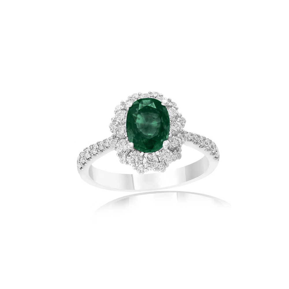 18K Gold Emerald and Diamond Halo Ring