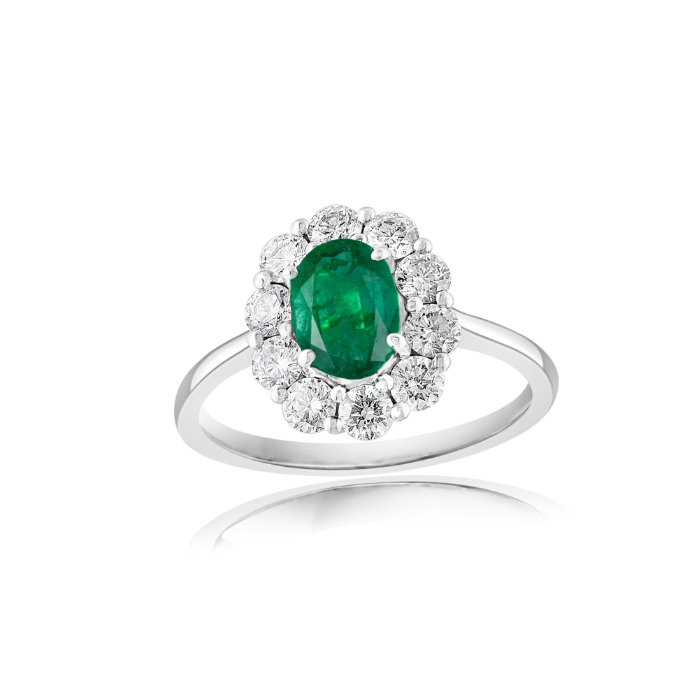 18K Gold Emerald and Diamond Halo Ring