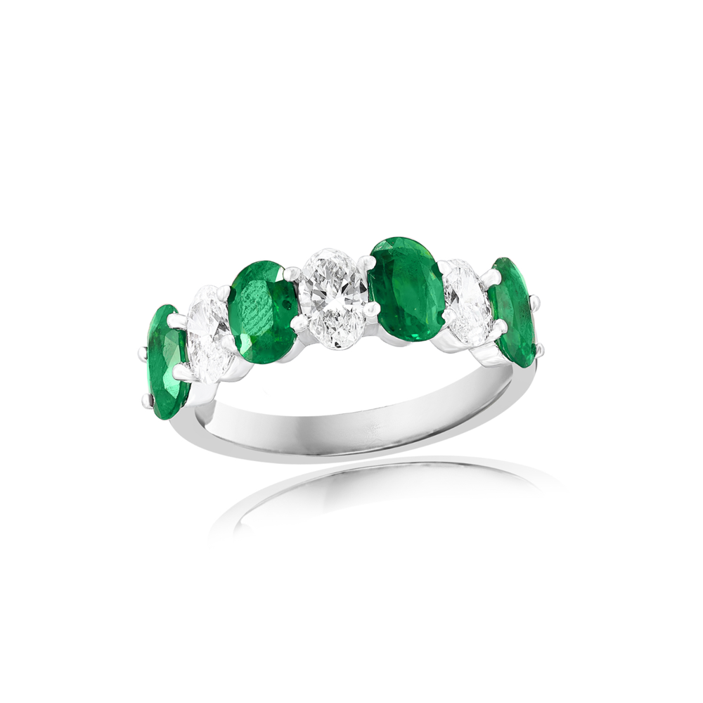 14K Gold Oval Emerald and Diamond Band