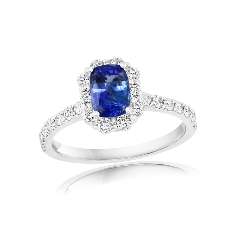 14K Gold Sapphire and Diamond Halo Ring