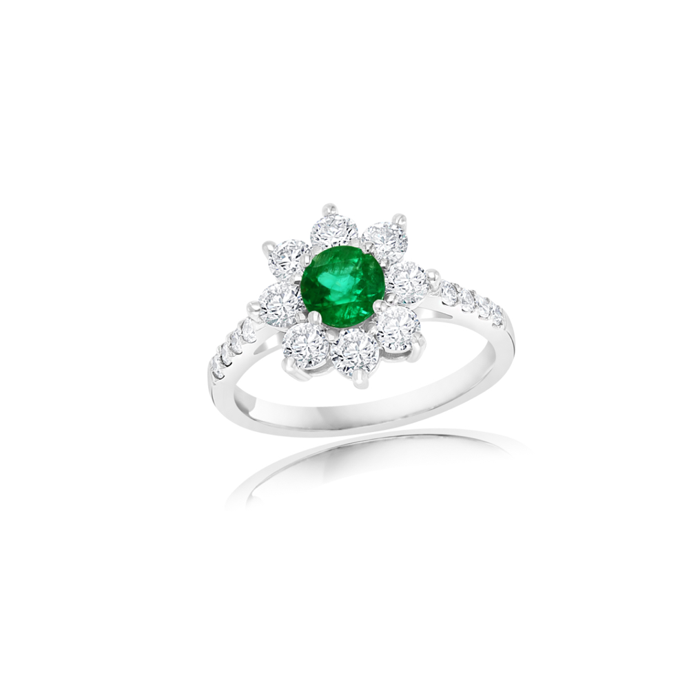 14K Gold Emerald and Diamond Halo Shank Ring