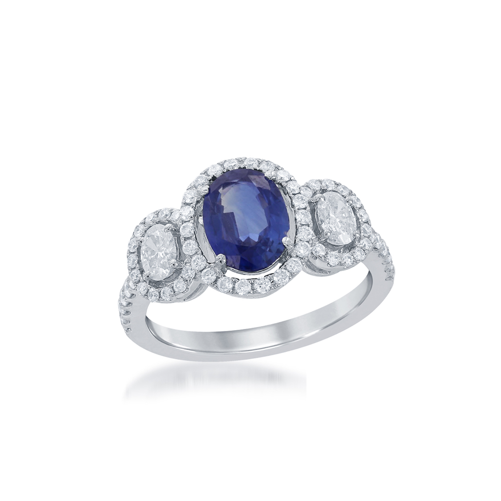 18k Gold 3 Stone Diamond and Sapphire Ring