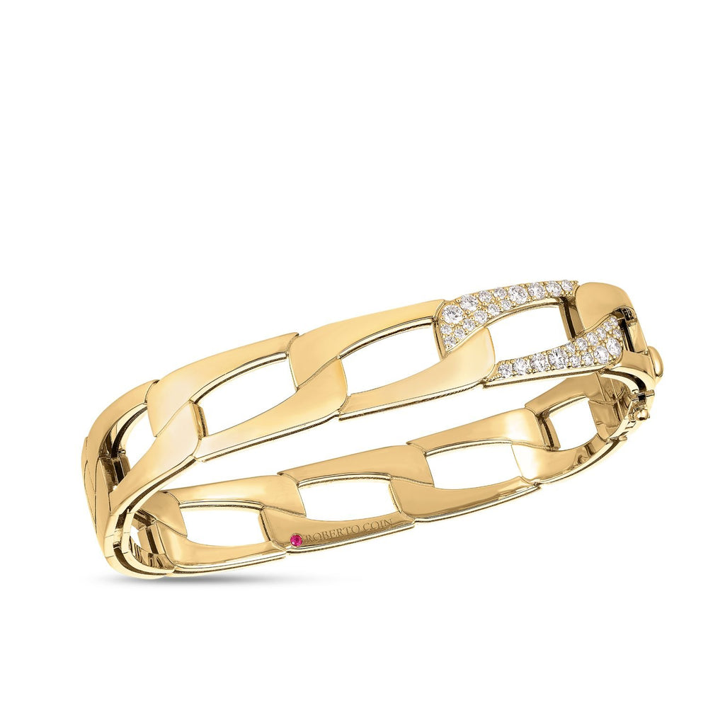 18K Gold Navarra Wide Link Diamond Accent Square Bangle 