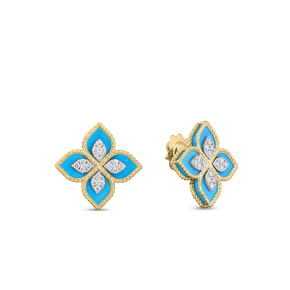 18K Yellow Gold Princess Flower Turquoise & Diamond Earrings