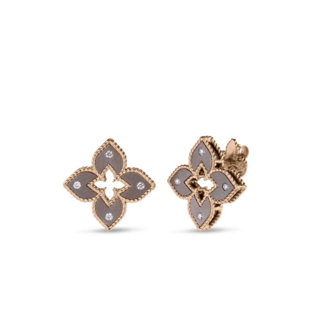 18K Rose Gold Venetian Princess Mini Grey Titanium And Diamond Flower Stud Earrings