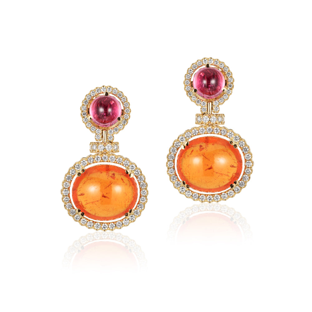 18K Gold G-One Rubellite, Mandarin Garnet & Diamond Earrings