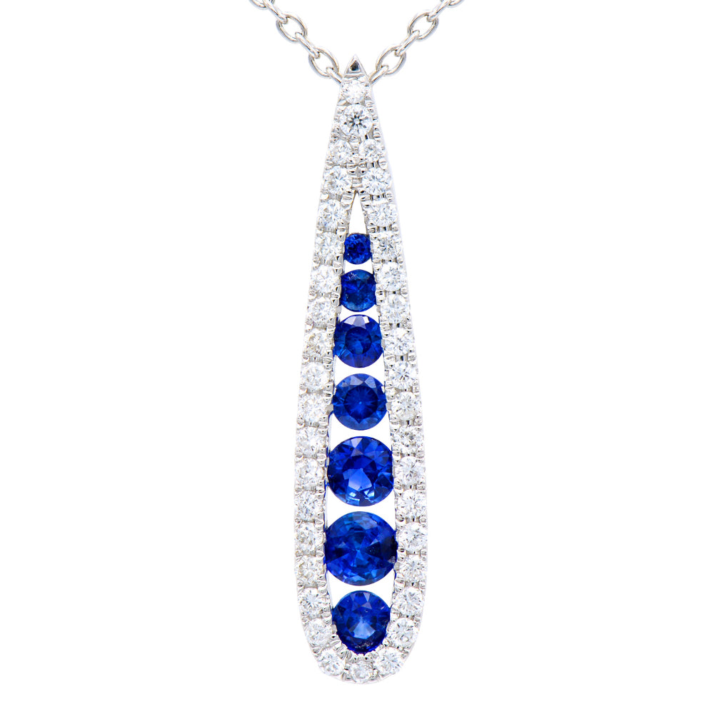 18K Gold Teardrop Diamond and Sapphire Pendant Necklace